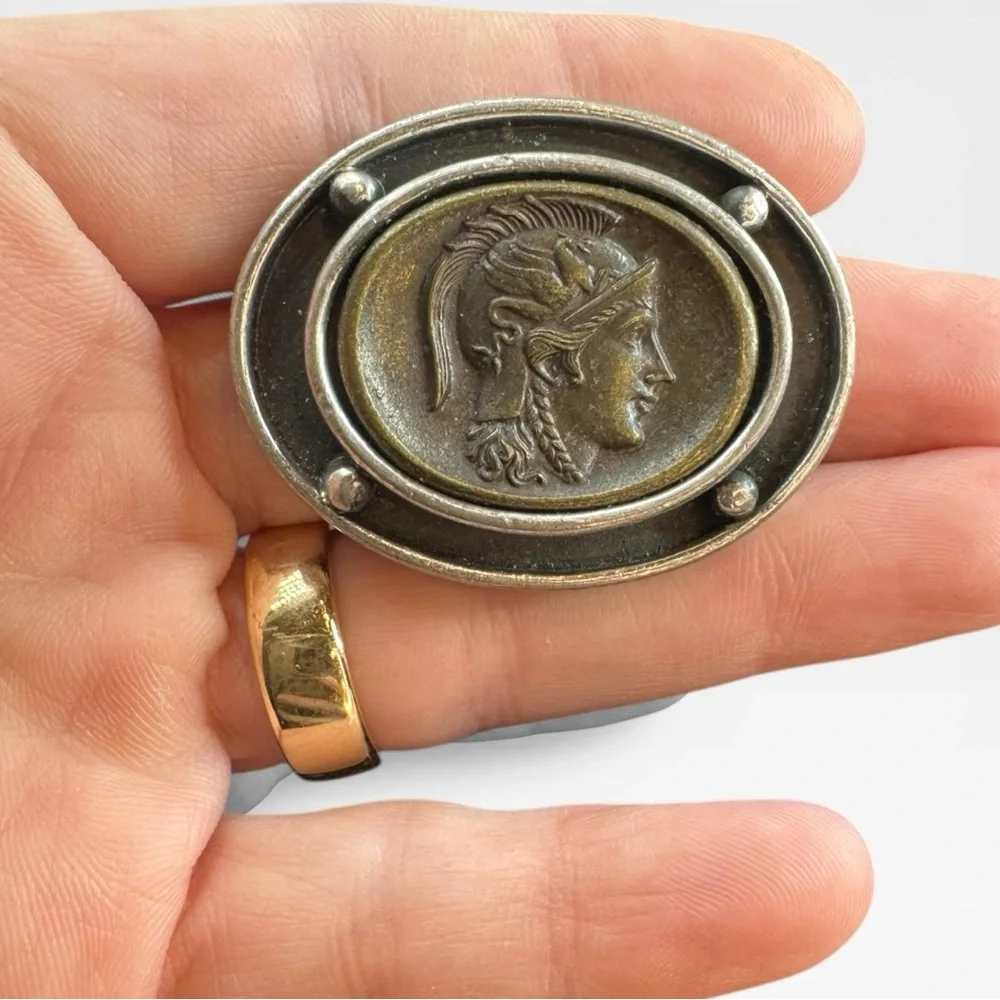 BEN-AMUN Rare Vintage Etruscan-Revival Roman Soldier Coin Brooch